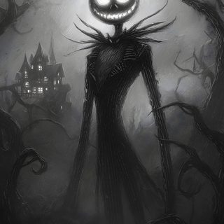 an image of a creepy man in front of a house with lights on his head Halloween Jack Jack Skellington Horror Art, Bling, Jack Skellington Scary, The Pumpkin King, dark slate gray