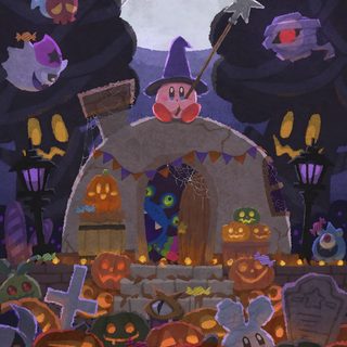 a painting of a halloween scene with pumpkins Kirby Halloween Iphone Kirby Halloween Pfp, Kirby Fall, Smash Bros Halloween, dark slate gray