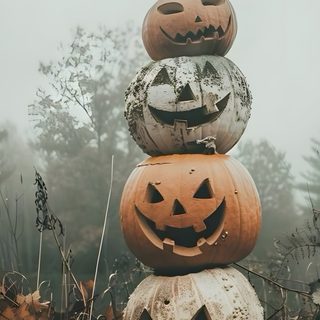 pumpkins stacked on top of each other with faces carved into them in the middle Rustic Halloween Spooky Pumpkin Display, Spooky Pumpkin Pictures, Spooky Fall Photos, rosy brown