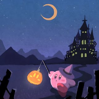 a cartoon pig with a trick in its mouth and a pumpkin hanging from it's string Kirby Halloween Iphone Halloween Mario, Kirby Fall, Fall Kirby, Kirby Halloween Pfp, dark slate gray