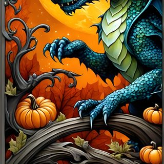 a dragon sitting on top of a tree in front of a moon and pumpkins Halloween Dragon Pumpkin, Dragon 2, Dragon Art, Diamond Painting, Fantasy Art, dark olive green