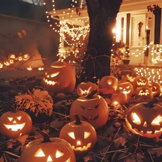 pumpkins lit up on the ground in front of a house Happy Halloween Aesthetic Halloween Backgrounds, Halloween Cute, Halloween Photos, saddle brown