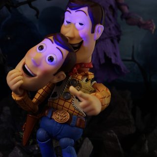 two cartoon characters are hugging each other in front of a dark background with an evil looking creature Toy Story Halloween Toy Story Of Terror, Evil Woody, Halloween Toy Story, Woody Toy Story Creepy, black