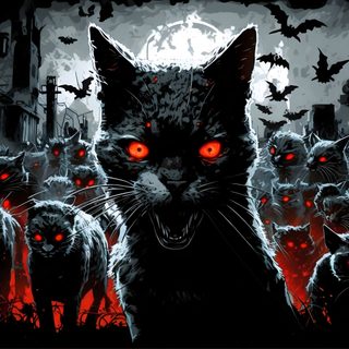 a black cat with red eyes surrounded by zombies Halloween Fiery Felines-black Custom Vampire Cat, Halloween Cat For Walls, Vampire Cat Meme,