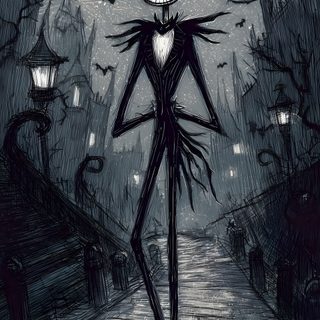 a black and white drawing of a skeleton walking down a street with bats flying overhead Halloween Characters Jack Y Zero, Nightmare Before Christmas Purple Background, Tim Burton Inspiration, dark slate gray