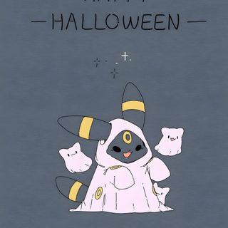 a halloween card with an image of a cat dressed as a ghost and the words happy halloween on it Halloween Umbreon Umbreon And Espeon, Shiny Umbreon, Umbreon Aesthetic, Espeon And Umbreon, dim gray