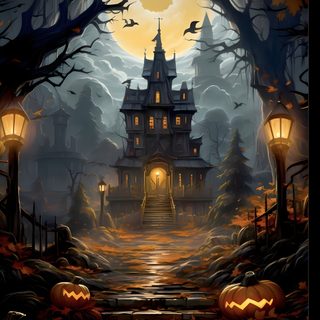 a creepy house in the woods with pumpkins on the ground and lanterns lit up at night Halloween House Ideas Halloween Creepy Place, Halloween Background Dark Castle, Creepy Halloween, dark slate gray