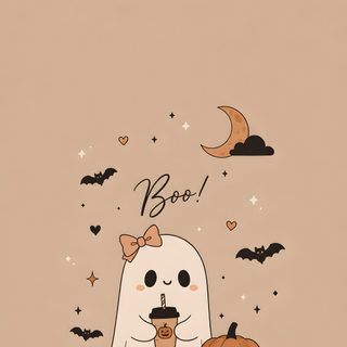 a ghost and two pumpkins with boo written on the side, in front of a brown background Cute Halloween Spooky Fall Aesthetic, Fall Themed Backgrounds, Halloween Backgrounds Aesthetic, tan