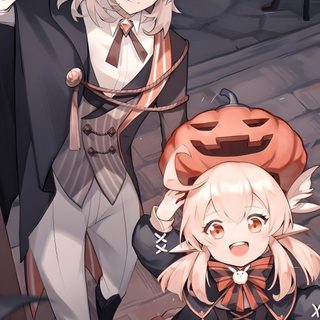 two anime characters standing next to each other with pumpkins on the ground behind them Genshin Impact Halloween Genshin Impact Cute Fanart, Genshin Impact Halloween, Cute Genshin Impact Fanart, dim gray