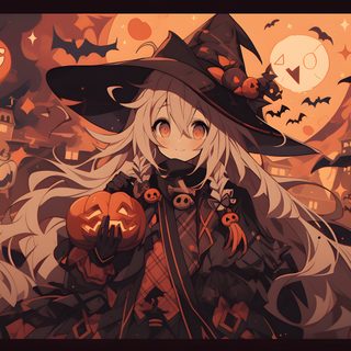 a girl dressed as a witch with pumpkins in front of her and full moon behind her Anime Halloween Pc Halloween, Halloween Pc Background, Halloween Desktop Aesthetic, dark slate gray
