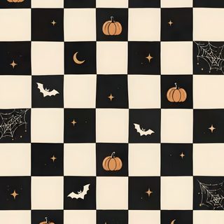 a checkered board with pumpkins and bats on it, as well as stars Minimal Halloween tan