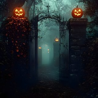 two jack o lantern pumpkins on top of an iron gate in the middle of a forest Halloween Town Gate Halloween Garage, Scene Setters, Halloween Photo Booth, Halloween Party Backdrop, black