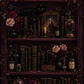 a book shelf filled with lots of books next to candles and flowers on top of it Halloween Bookshelf Iphone Gothic Style Phone, Gothic Wall Paper, Phone, Bookish Iphone Aesthetic, black