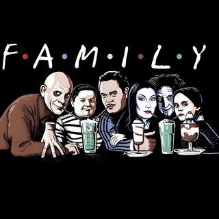 the cast of family sitting at a table with drinks in front of them, and the words family written on it Halloween Addams Family Addams Family Cartoon, The Adams Family Cartoon, Adams Family Cartoon Characters, black