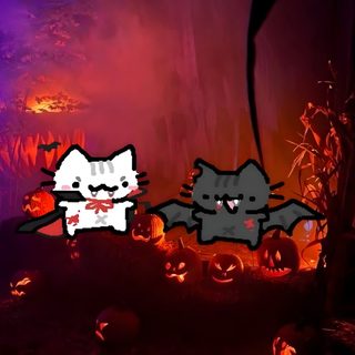 two cats with bats on their backs in front of halloween pumpkins and trees at night Halloween Duo Cat Couple Pfp, Halloween Profile Pics, Cat Couple, Goofy Drawing, Hunter Anime, maroon