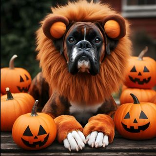 a dog dressed up as a lion with pumpkins around it's face and paws Halloween Boxer Dog Halloween Boxer Dog Skeleton, Boxer Dog Halloween Illustration, Funny Boxer Dog Costumes, saddle brown