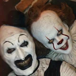 two creepy clowns are posing for a photo Halloween Duo dark olive green