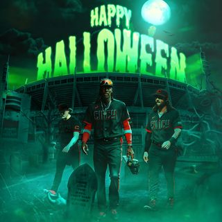 two baseball players are standing in front of a neon green sign that says happy halloween Baseball Halloween American Football Band Poster, Mlb Graphics, Nightmare Before Christmas Zombie Band, dark slate gray