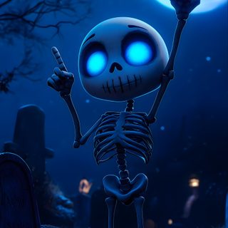 a skeleton with glowing blue eyes pointing to the sky in front of a cemetery at night Cool Boy Halloween midnight blue