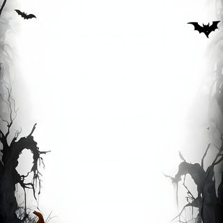 two jack o lantern pumpkins sitting in the middle of a forest filled with bats Custom Halloween Design Diy Halloween Invitation Template, Black And White Halloween Theme, Halloween Party Decoration Ideas, white smoke