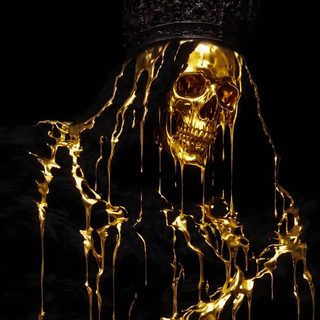 a skull wearing a crown and dripping gold paint Black And Gold Halloween black