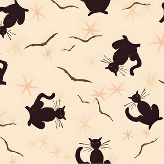 black cats are flying in the sky with stars and bats around them on a beige background Halloween - Bats And Cats - Cream Vintage Spooky Patterns, Black Cat Fabric, Retro Black Cats Fabric, blanched almond