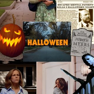 the collage shows many different people in their halloween costumes, including pumpkins and books Halloween 1978 Iphone Halloween 1978 Aesthetic, Halloween 1978, Halloween Backgrounds, dark olive green