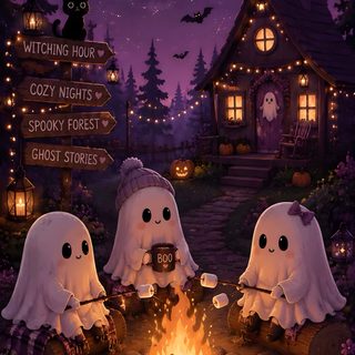 three ghost sitting around a campfire in front of a house with bats and pumpkins Cute Animated Halloween dark slate gray