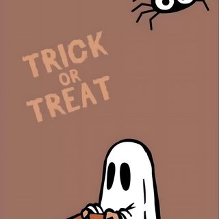 a trick or treat poster with a ghost holding a bag and a spider hanging from the ceiling Halloween School Appropriate Funny Halloween Iphone, Spooked Spider Meme Gif, Trick Or Treat Iphone, gray
