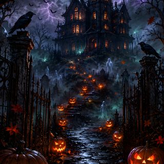 an image of a halloween scene with pumpkins Halloween Creepy Halloween, black