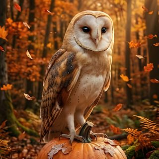an owl sitting on top of a pumpkin in the woods Halloween Owl Birds, Halloween, saddle brown