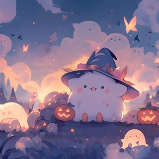 a cat with a witches hat sitting on top of a hill surrounded by pumpkins Kawaii Halloween Desktop Halloween Cute Cartoon Background, Cute Halloween, Halloween For Pc, slate gray