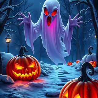 two halloween pumpkins in the snow with ghost faces on them and one has glowing eyes Halloween 4k Ghost Halloween Pictures, Halloween, Spooky Castles, Halloween Art, dark slate gray
