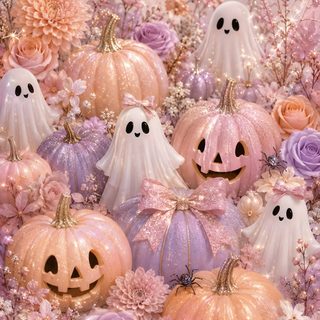 a group of pumpkins with ghost faces on them surrounded by pink and purple flowers Cute Glitter Halloween Pastel Halloween, Glitter Pumpkins, Halloween Inspiration, Halloween Magic, rosy brown