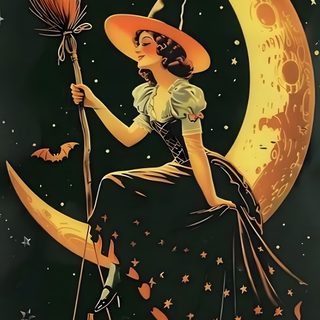 a woman sitting on top of a pumpkin next to a full moon and holding a broom Vintage Halloween Witch Vintage Halloween Images, Witch On Moon, Vintage Witches, Halloween Artwork, black