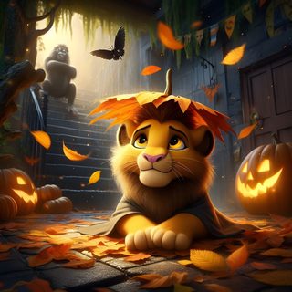 a lion sitting on the ground surrounded by pumpkins Lion King Halloween Halloween Lion King Decor, Lion King Pumpkin, Disney Halloween Pictures, dark olive green