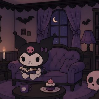 a living room filled with furniture and a cat sitting on top of a chair next to a table Halloween Kuromi dark slate gray