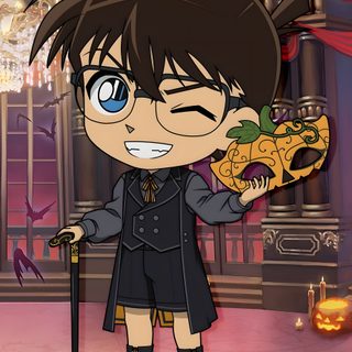 an anime character holding a bat in front of a chandelier filled with pumpkins Detective Conan Halloween sienna