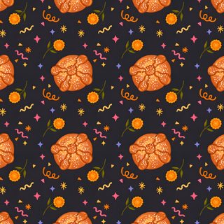 an orange piece of bread on a black background with flowers and stars in the middle Mexican Halloween Dia De Muertos Aesthetic, Tamales, Cute Mexican Food, dark slate gray