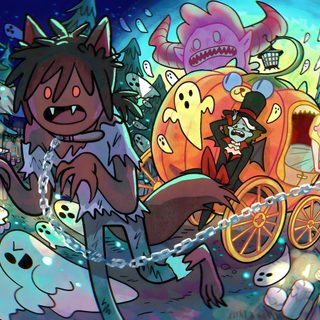 cartoon characters riding in a horse drawn carriage on a street at night with spooky lights Halloween Adventure Time Adventure Time, Gorillaz, Cartoon Art, Halloween, Drawings, dim gray