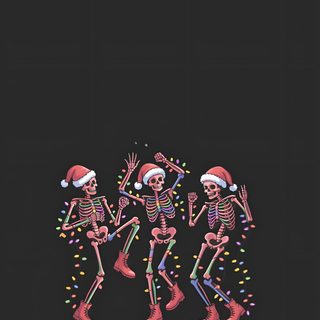 three skeletons wearing santa hats and holding hands in front of a black background with christmas lights Halloween Christmas Scary Christmas Iphone, Aesthetic Christmas Skeleton, Halloween And Christmas, dark slate gray