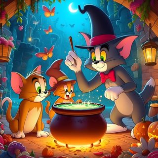 two cats and a cat witch stirring a caulder Tom And Jerry Halloween Tom And Jerry Halloween, Halloween Cartoons, Tom Jerry Halloween, dim gray