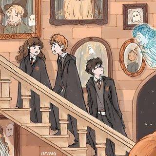 there are many people walking up the stairs in front of halloween pictures on the wall Harry Potter Halloween Iphone Harry Potter Cute, Hogwarts Cute, Aesthetic Harry Potter Drawings Easy, rosy brown