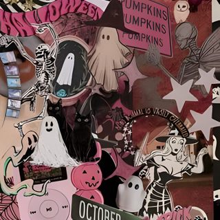 an assortment of halloween stickers on a wall Pink Halloween Collage Halloween Pink, Dark Pink Halloween Aesthetic, Pink Halloween Collage, dim gray