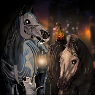 two horses standing next to each other in front of a night sky with buildings and street lights Star Stable Halloween 4k Halloween Horse Background, Halloween Horse Drawing, Halloween Horse, black