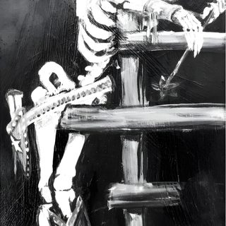 a black and white drawing of a skeleton with a cowboy hat sitting on a bench Halloween Cowgirl Western Skeleton Art, Western Skeleton Tattoo, Cowgirl Skeleton, dark slate gray