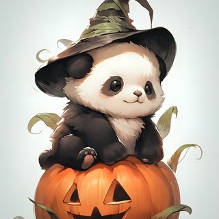 a panda bear sitting on top of a pumpkin Halloween Panda Cute Halloween Panda, Halloween Panda, Panda Pumpkin, Cute Halloween Panda Art, light gray