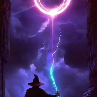 a wizard holding a glowing orb in the air with lightning coming out from behind it Merlin Wizard Halloween Rainbow Purple Blue Ray, Blue,