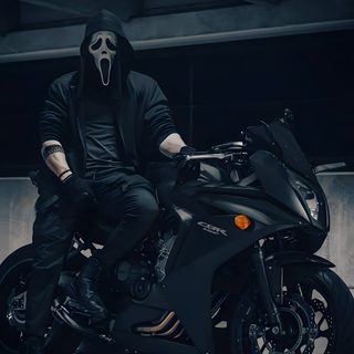a man wearing a mask sitting on a motorcycle Halloween Motorcycle Ghost Motorcycles, Halloween Bikers, Ghost Face Biker, black