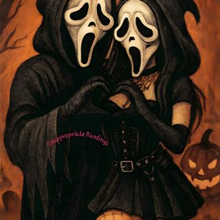 a drawing of two people dressed up in halloween costumes with masks on their faces and hands Hot Halloween Horror Characters Couples, Ghostface Halloween Pictures, Ghostface Couple, black